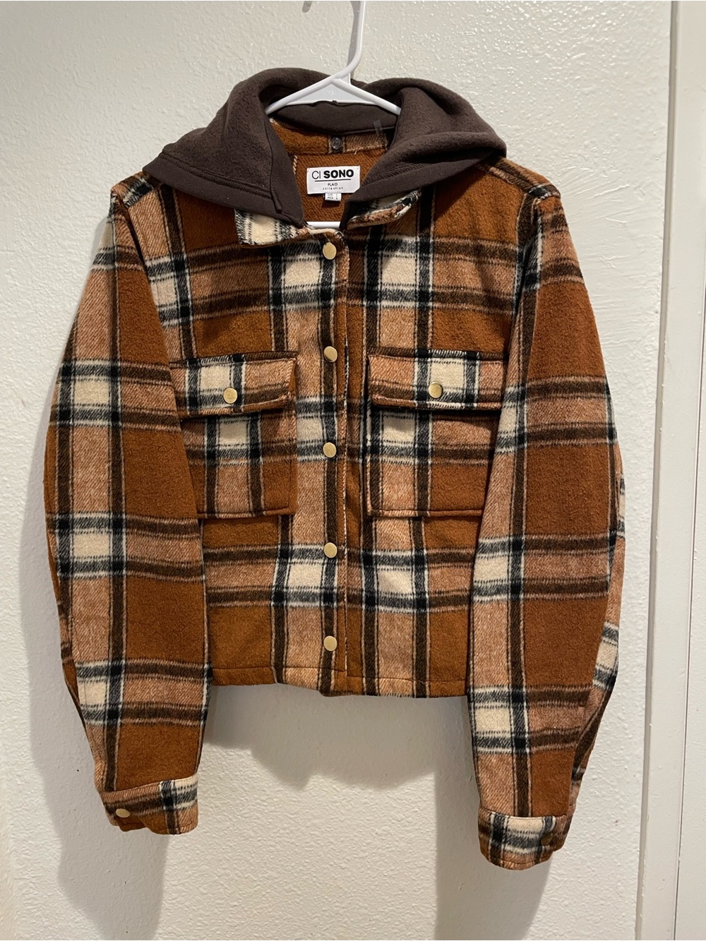 CI SONO Plaid Hooded Cropped Shacket Womens Size L Brown Cream Checkered Jacket